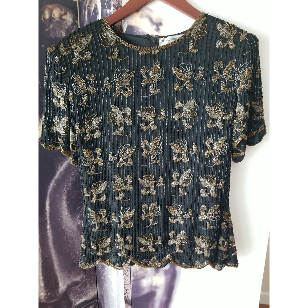 Vintage Adrianna Papell Boutique Evening Black & Brown Silk Beaded Top‎ Size M